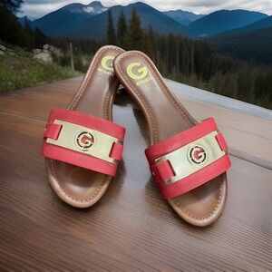 G By Guess GG Jeena 2 Women Sz 8 M Red With Gold Signature Plate Sandals Slides